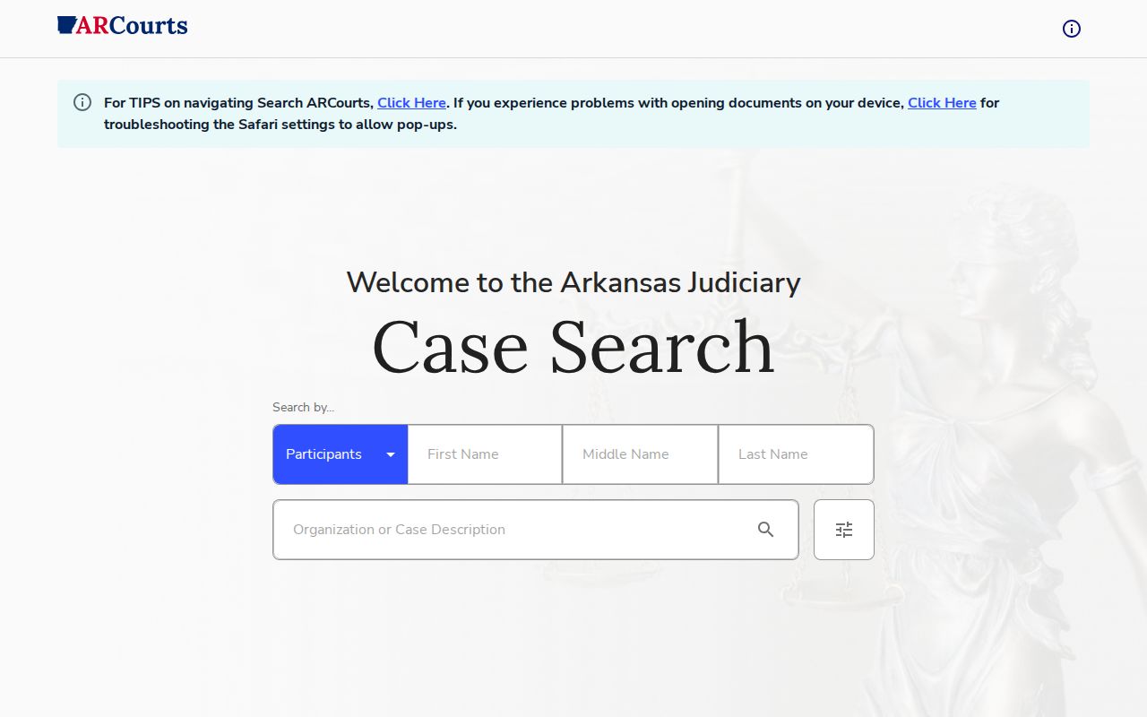 Ashley County warrant search fields on Search ARCourts