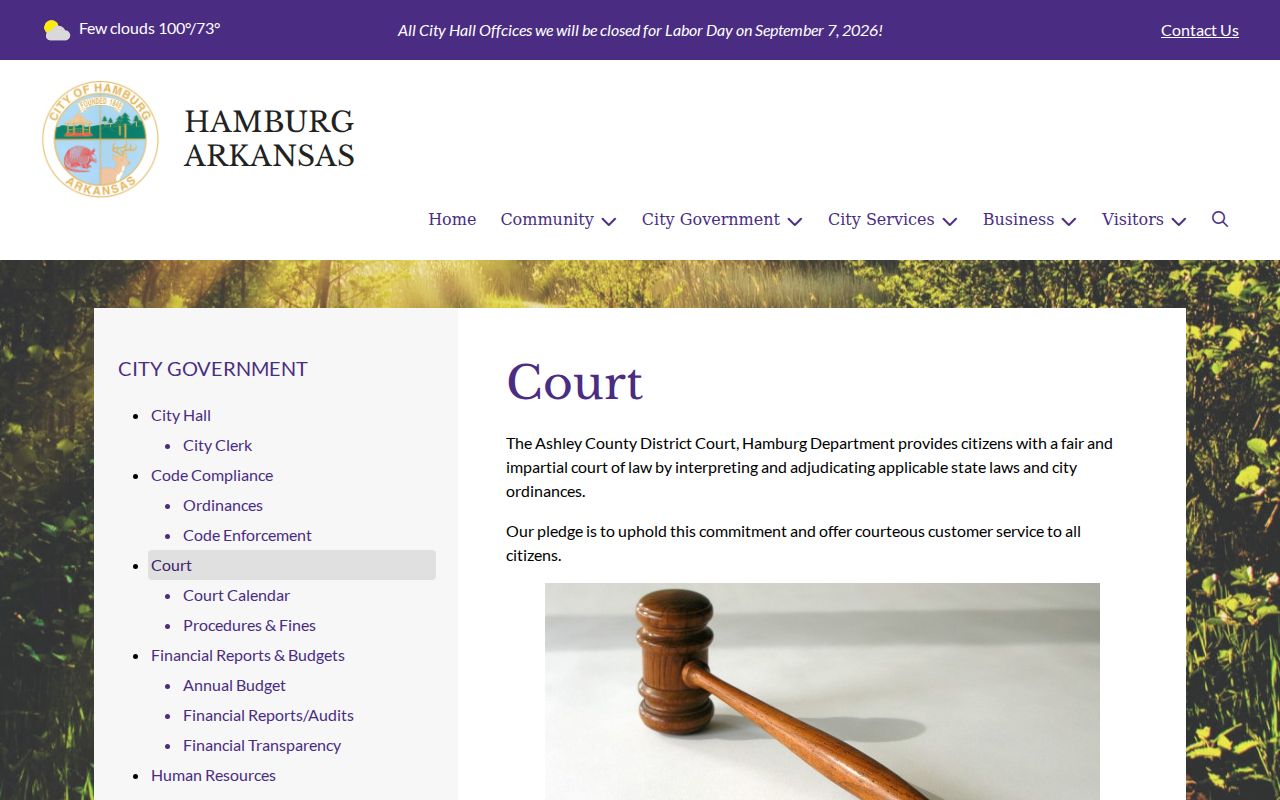 Hamburg District Court page for Ashley County municipal warrant routing