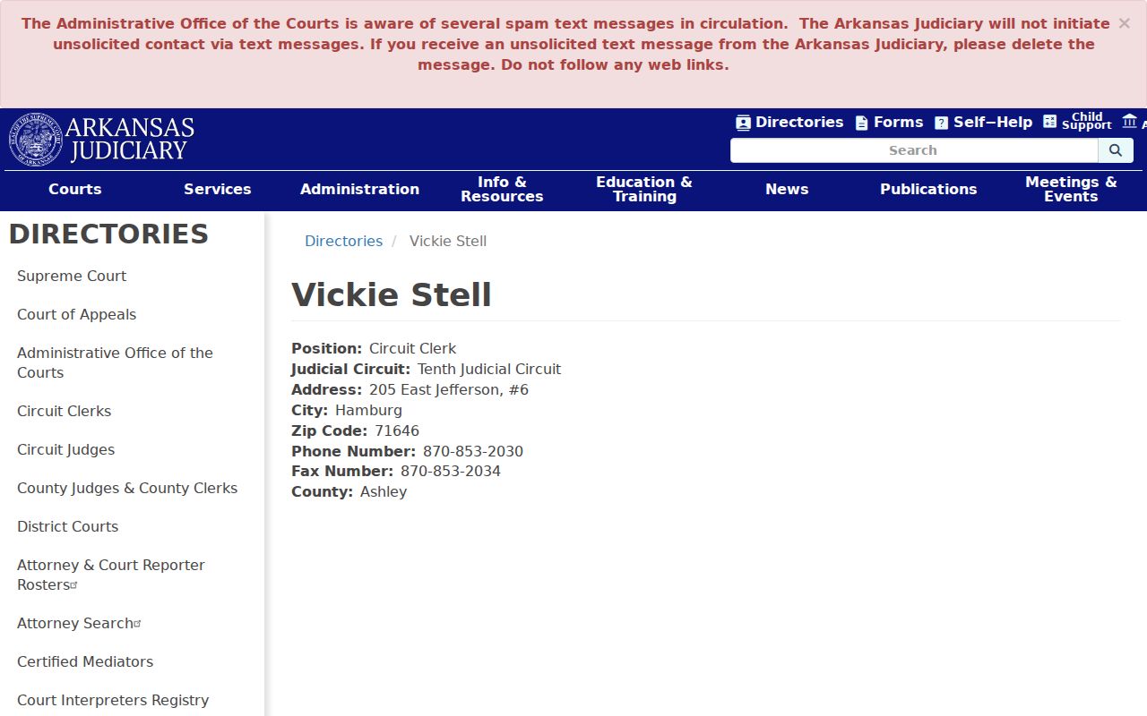 Ashley County Circuit Clerk directory for warrant records